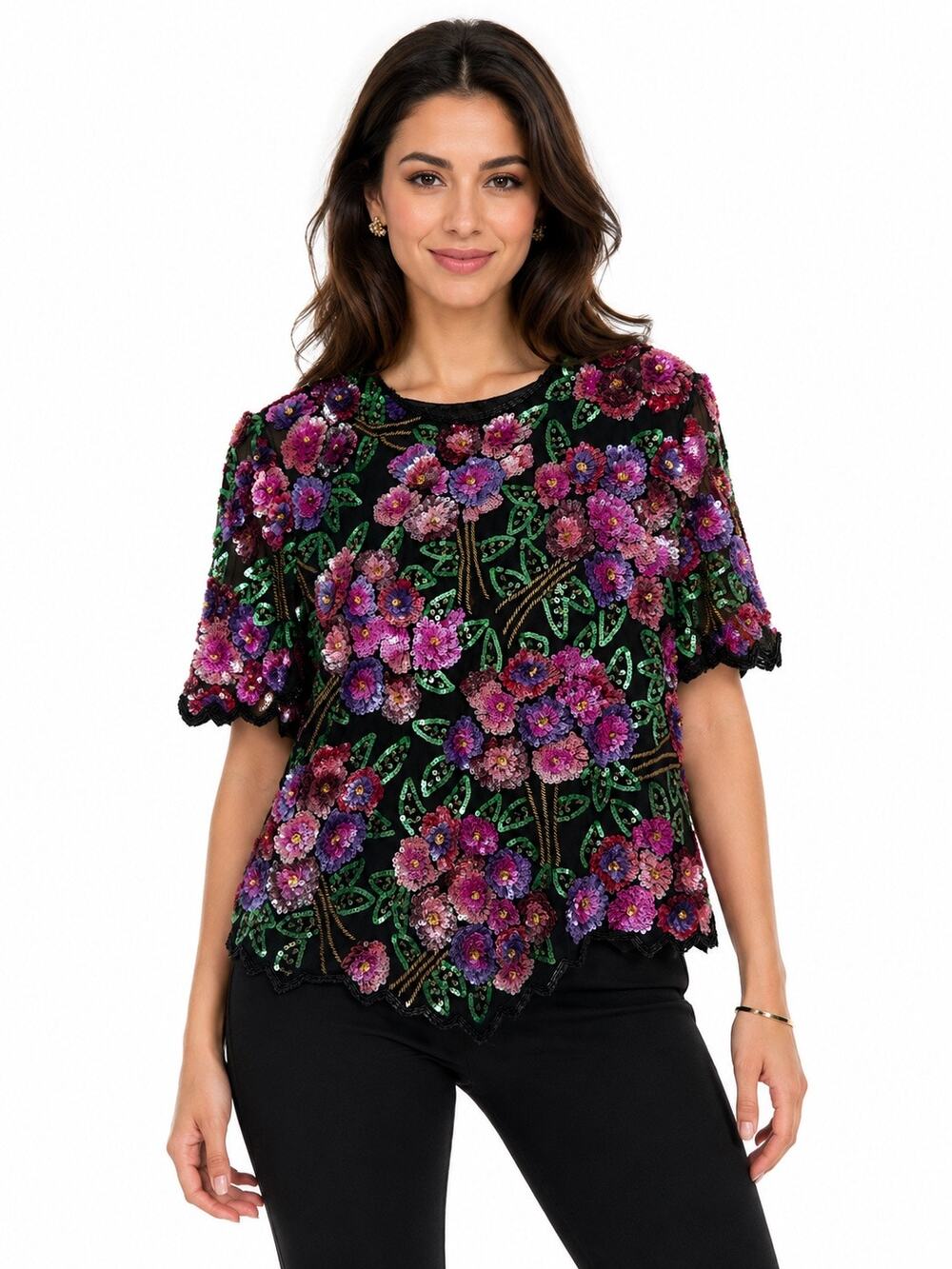 1980s Laurence Kazar New York Floral Sequin Silk Top Black XL 1X